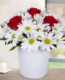 3 kırmızı gül beyaz papatya seramik