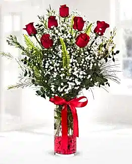 7 kırmızı gül vazo