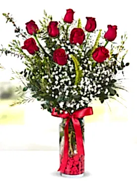 9 kırmızı gül vazo