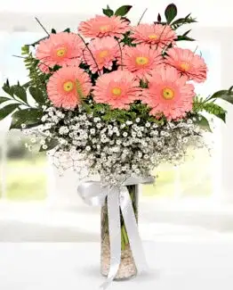 9 pembe gerbera vazo